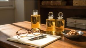 Curaduría de fragancias finas en un escritorio de lujo con diario de cuero y gafas