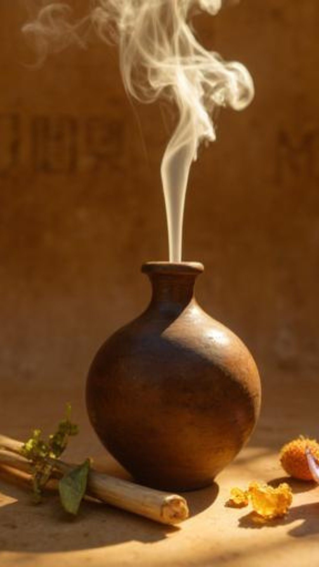 Recreación arqueológica de la preparación del Kyphi en un recipiente de barro con humo de incienso.