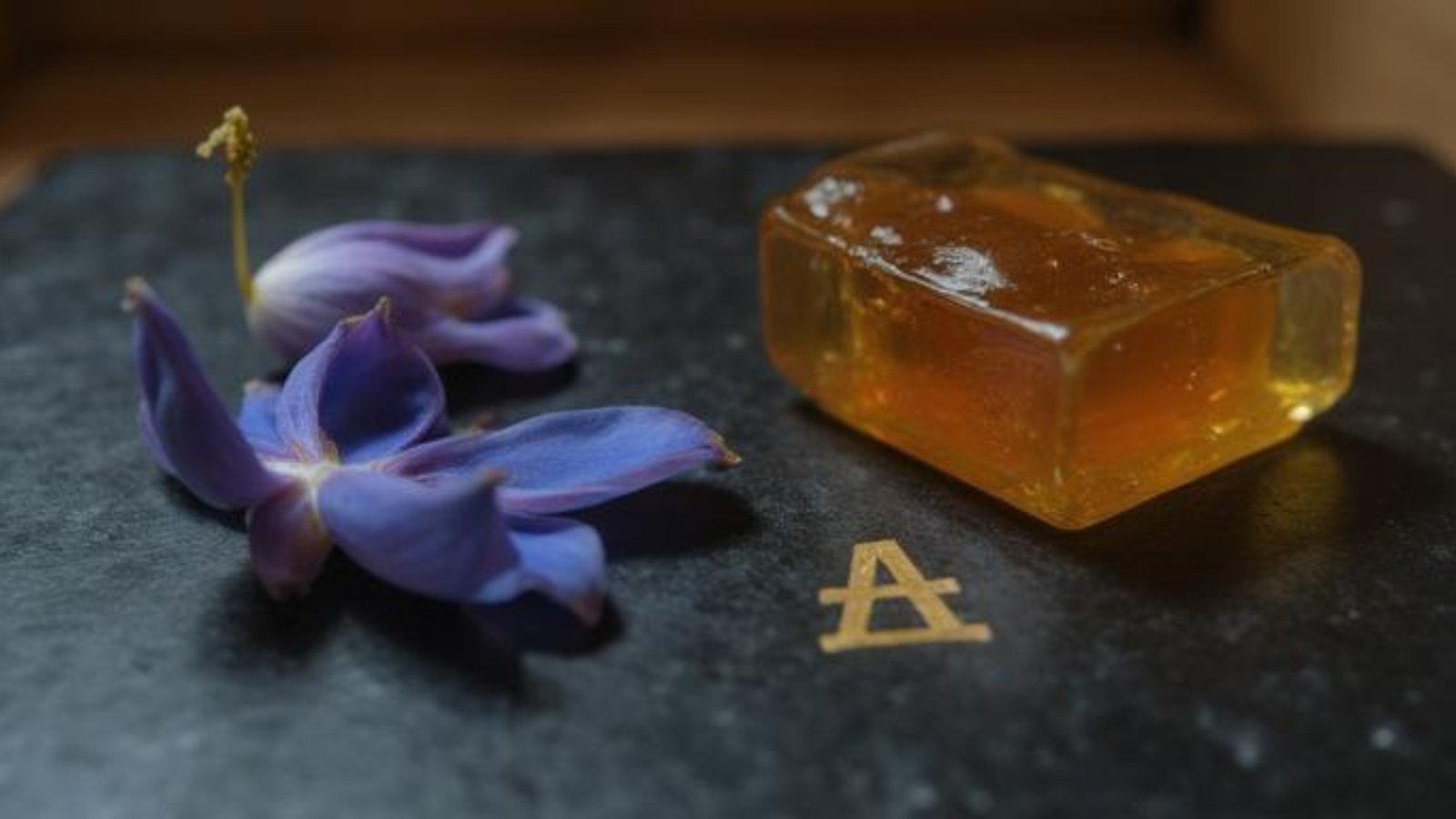 Primer plano de flores de loto azul y resina de mirra sobre piedra negra, ingredientes del perfume egipcio.